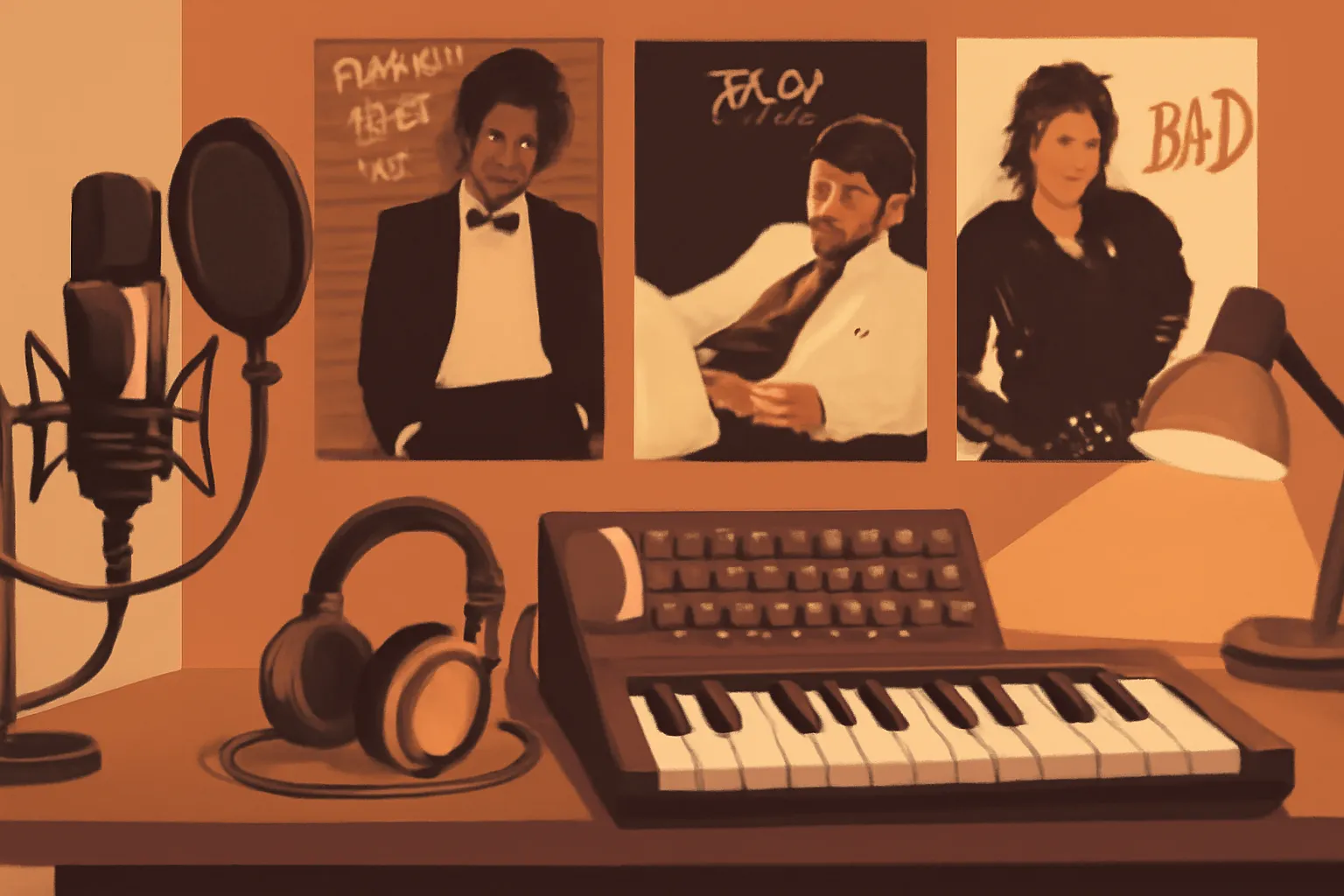 간소화 2d 일러스트 음악스튜디오 음악장비 마이클잭슨 앨범포스터 따뜻한조명