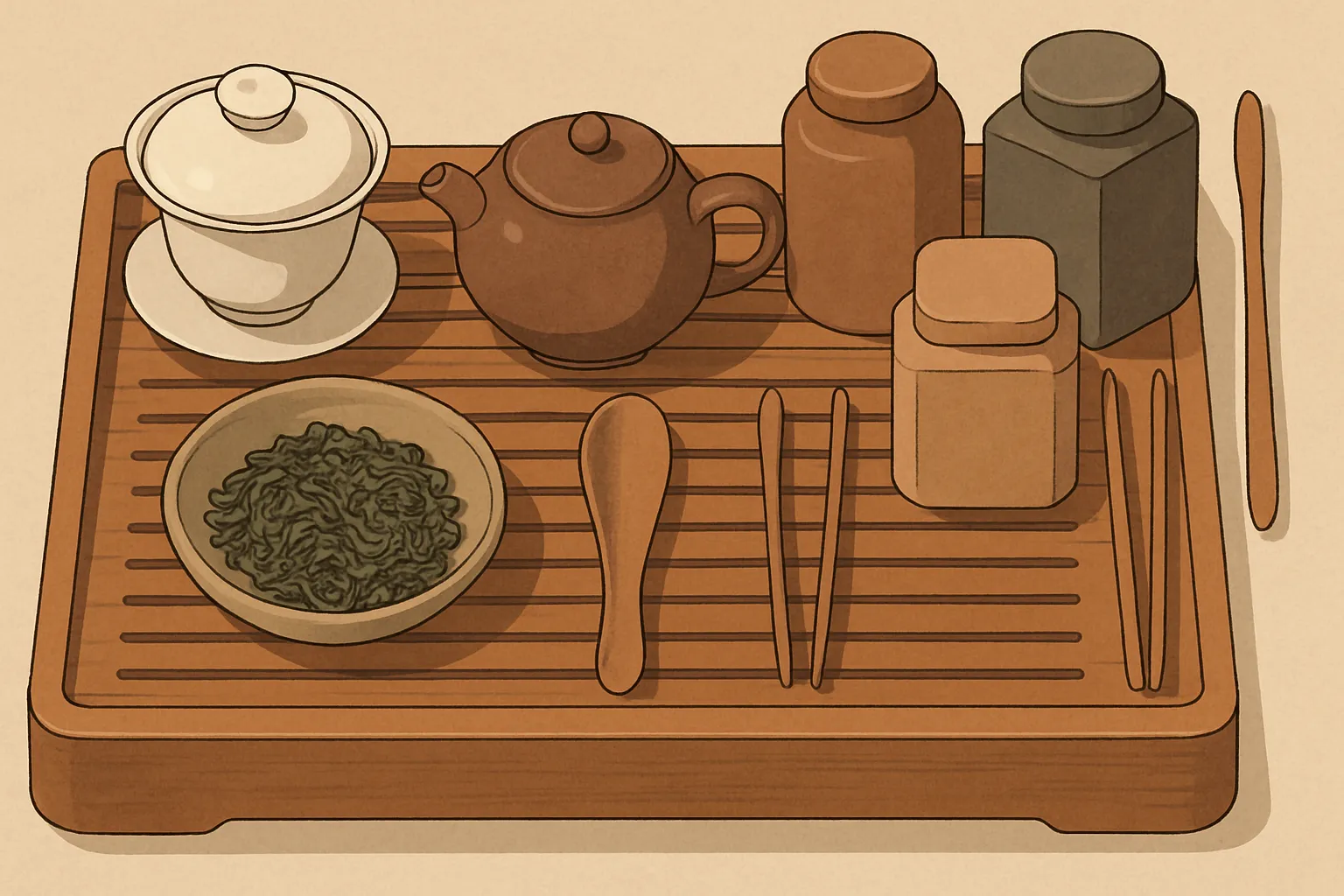 개완 티포트 차도구세트 일러스트 탑뷰