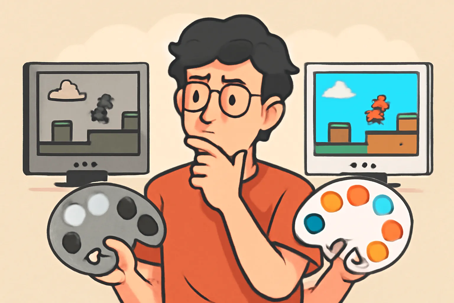 게임개발자 흑백 컬러 팔레트 창의적 결정 일러스트