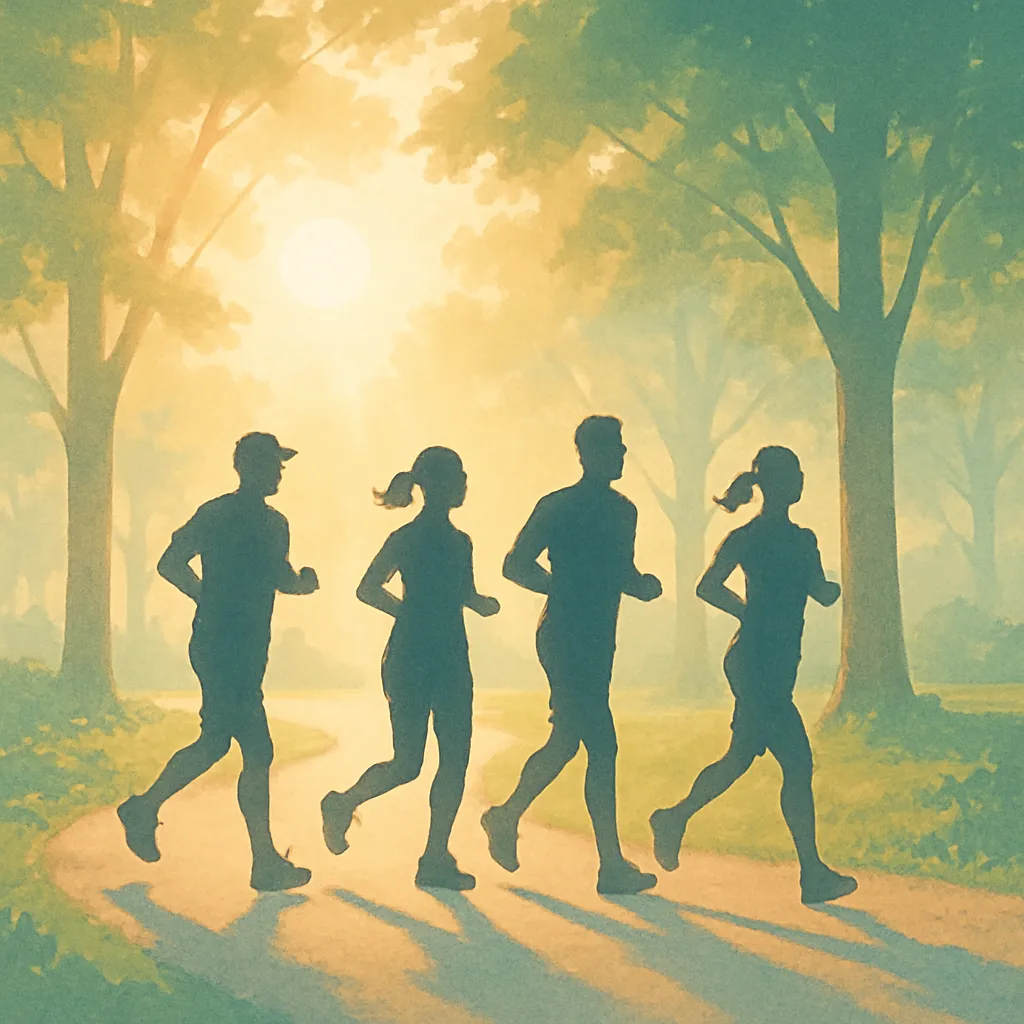 공원 트레일 아침 러닝 실루엣 파스텔 일러스트