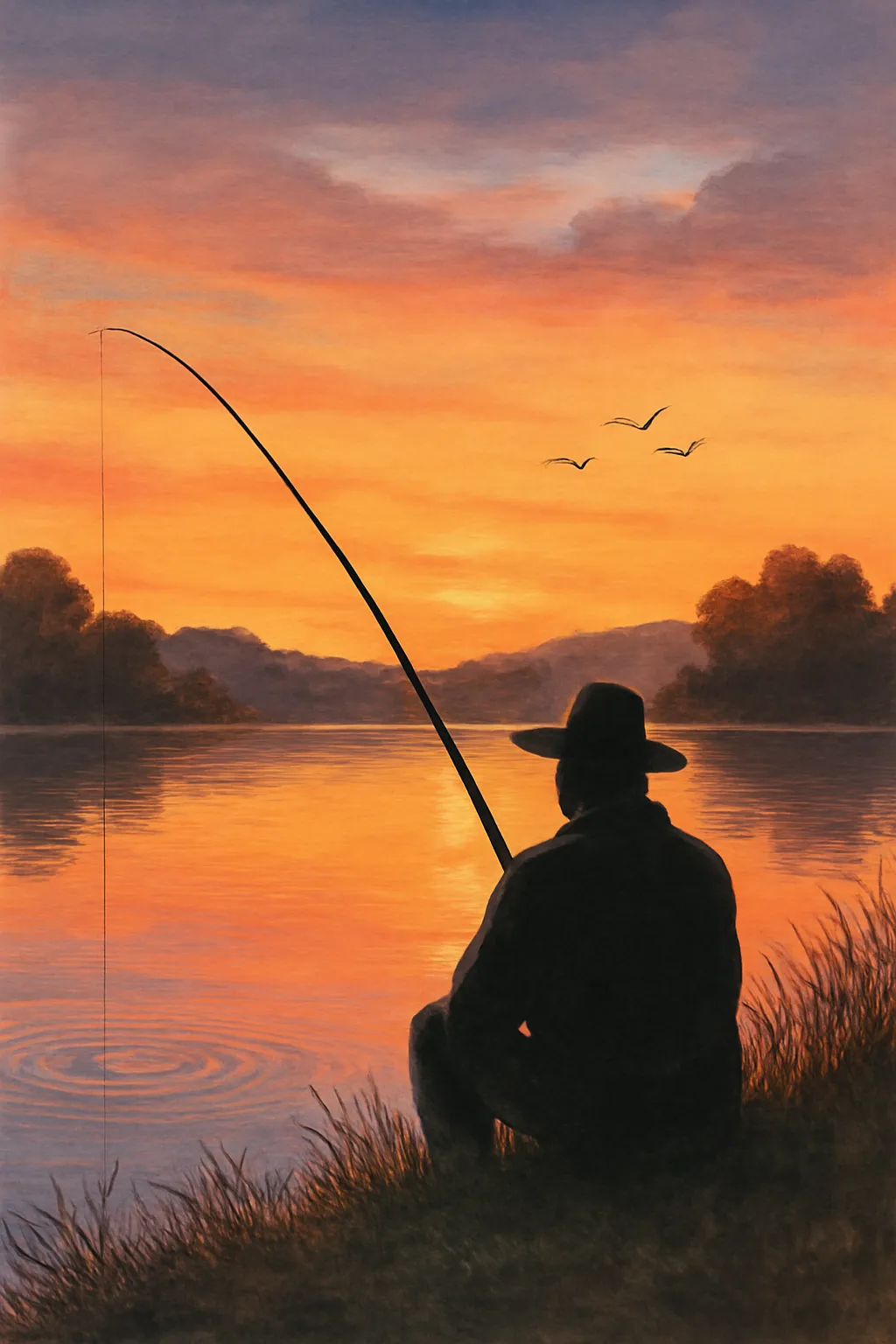 낚시 입문자 노을 물가 뒷모습 힐링 일러스트