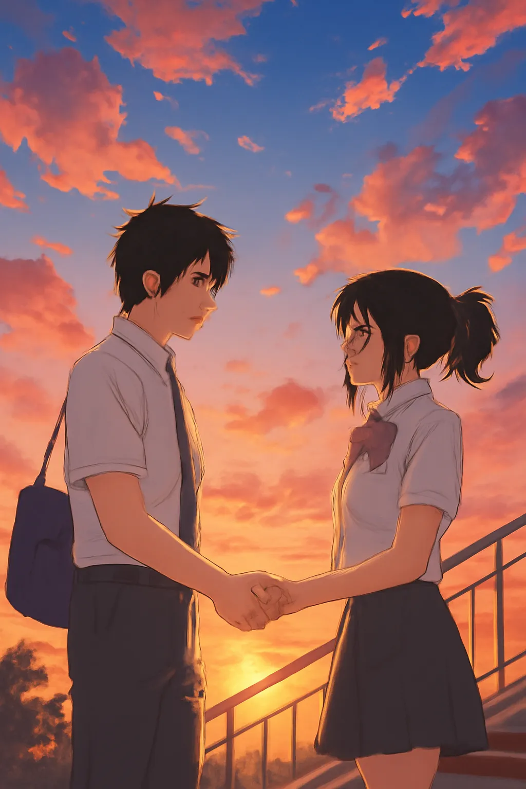 너의이름은 일본애니메이션 붉은노을 손잡은남녀 재해석일러스트