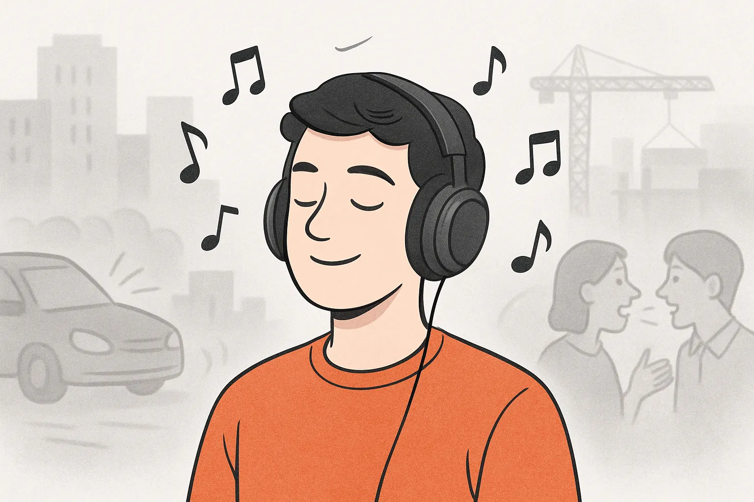 노이즈캔슬링 헤드폰 평온 음악감상 도시소음 일러스트