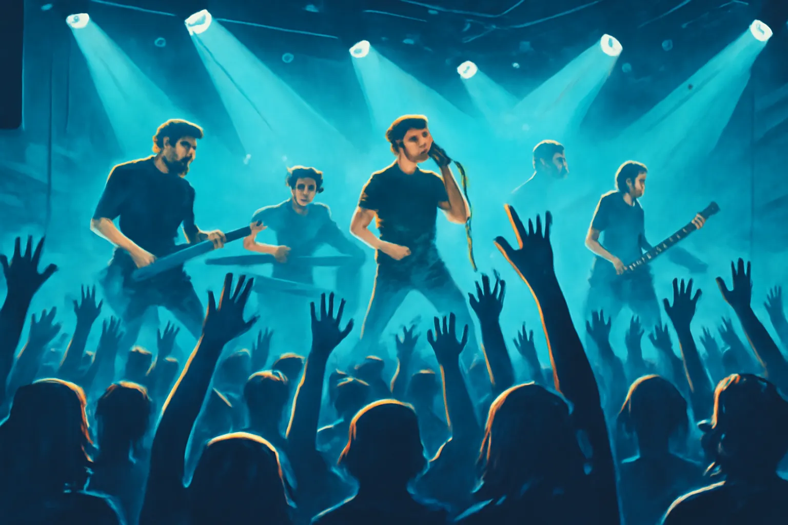 라이브 공연장 일러스트 밴드 관객 푸른조명 환호