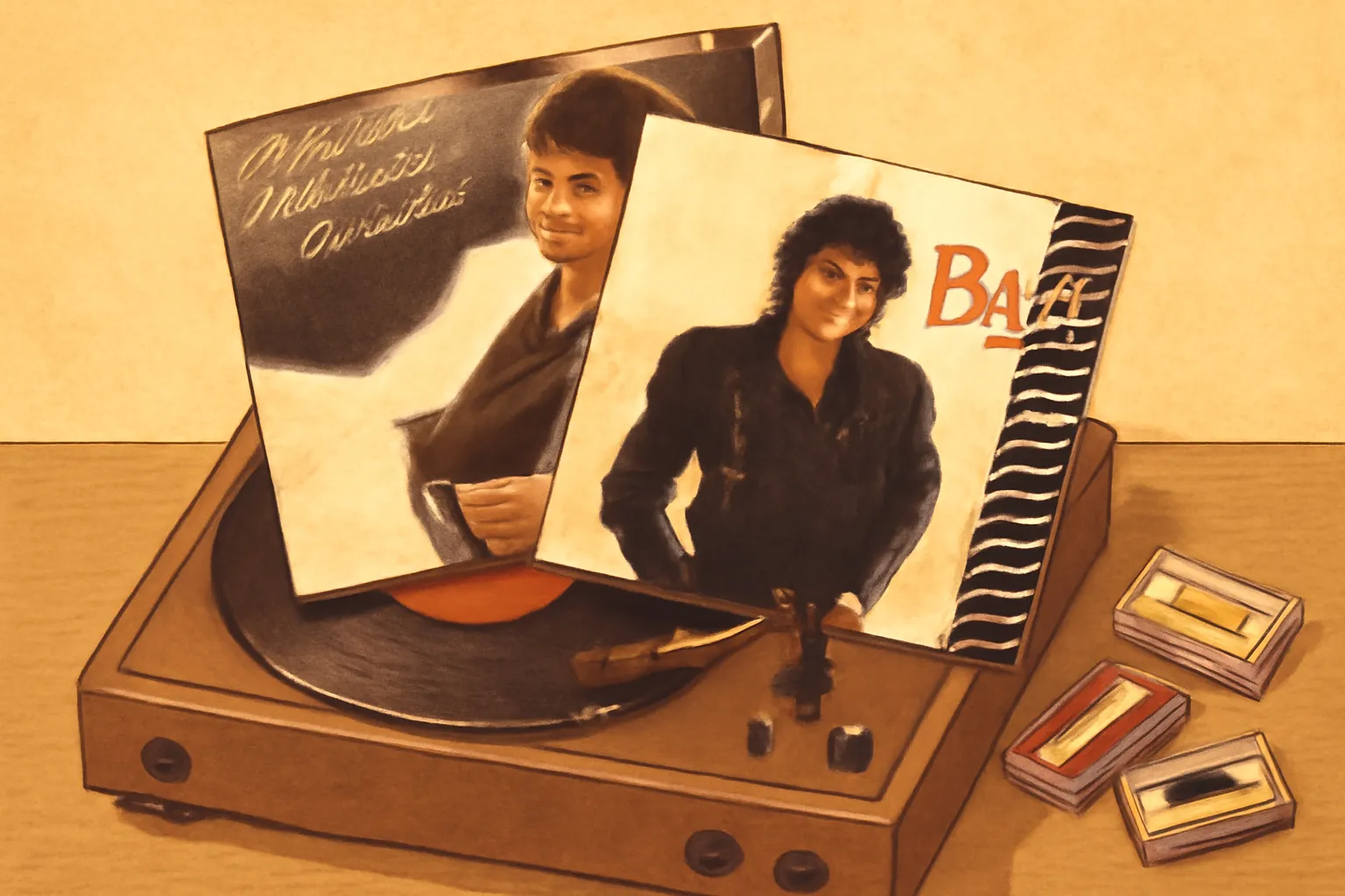 마이클잭슨 빈티지 lp레코드 스릴러 배드 카세트 일러스트