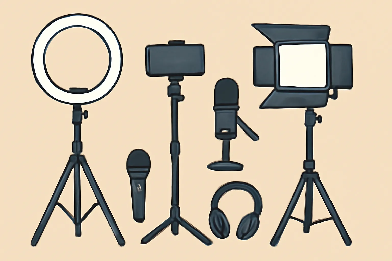 방송스튜디오장비일러스트모음 링라이트 삼각대 마이크 조명