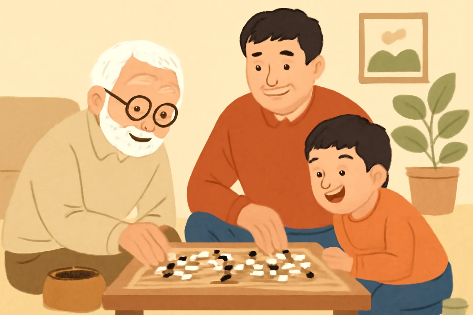 세대간 소통 가족 바둑 취미생활 바둑판 일러스트