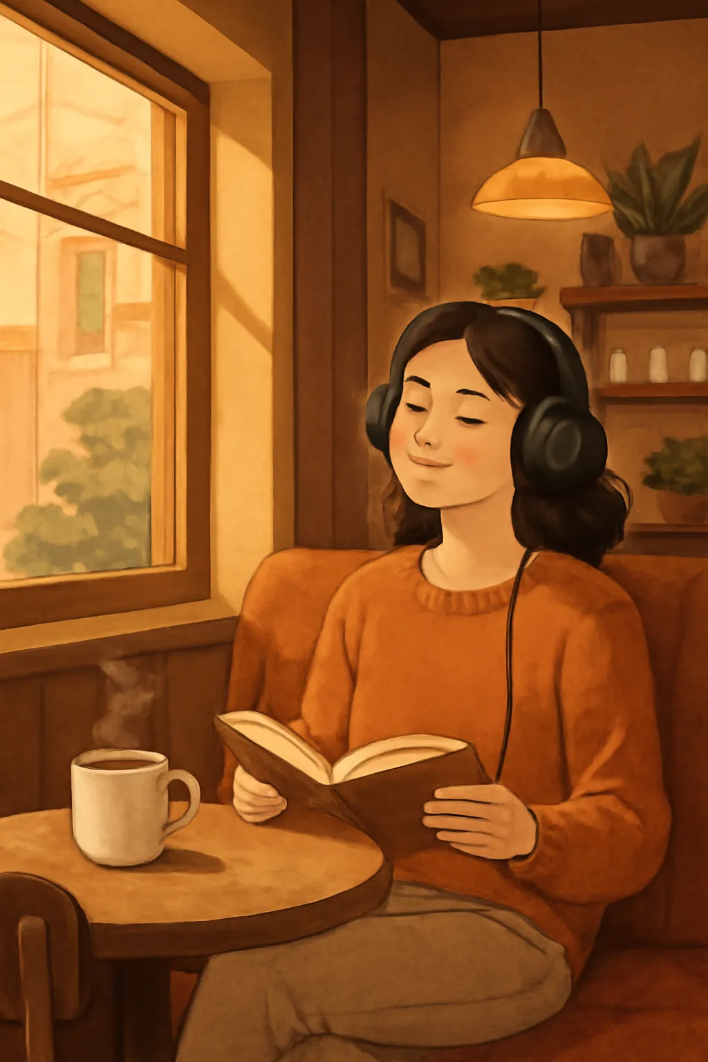 아늑한 창가 카페 책읽기 음악감상 휴식 일러스트