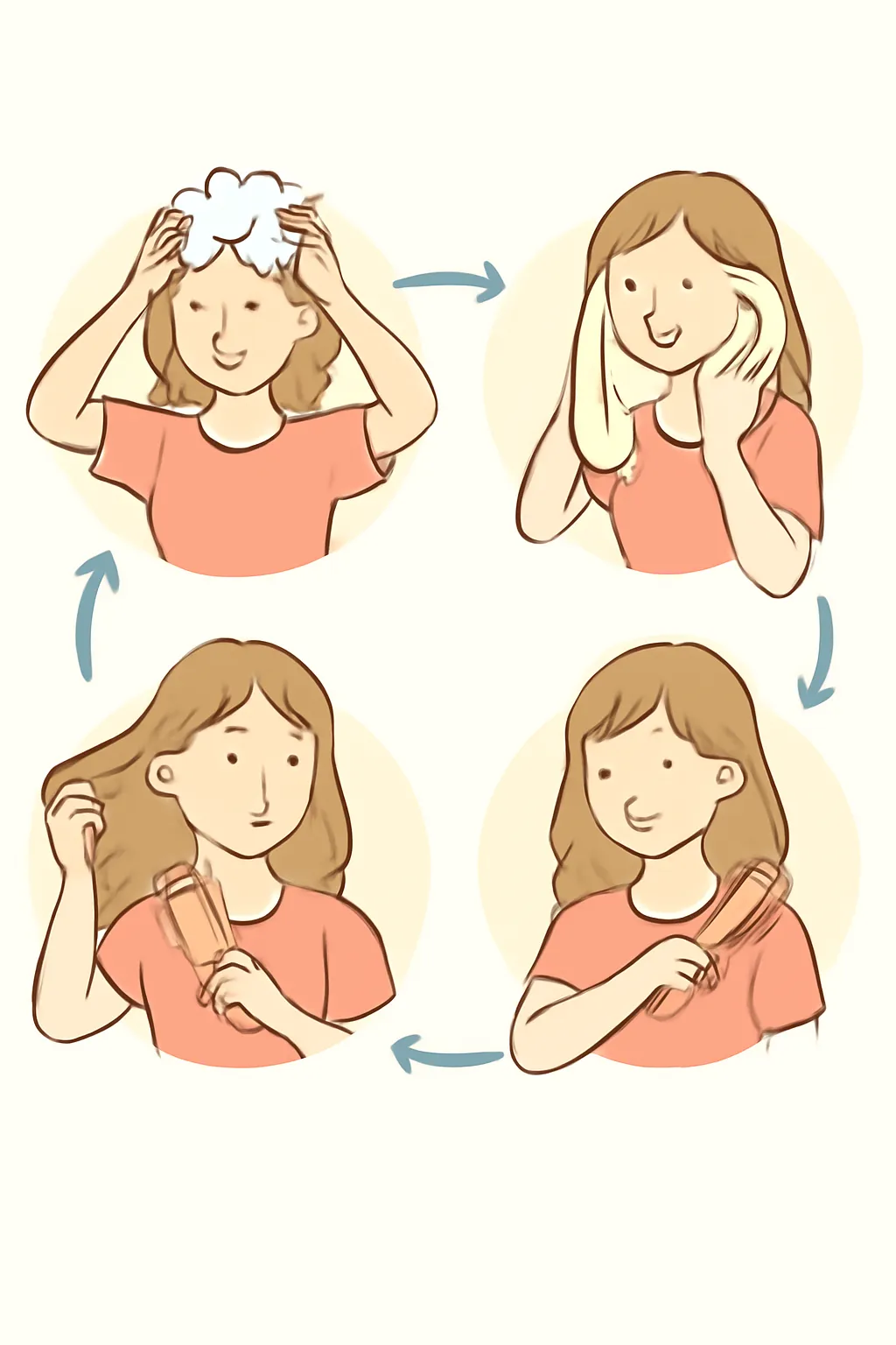 아침 셀프 헤어관리 4단계 시계모양 일러스트