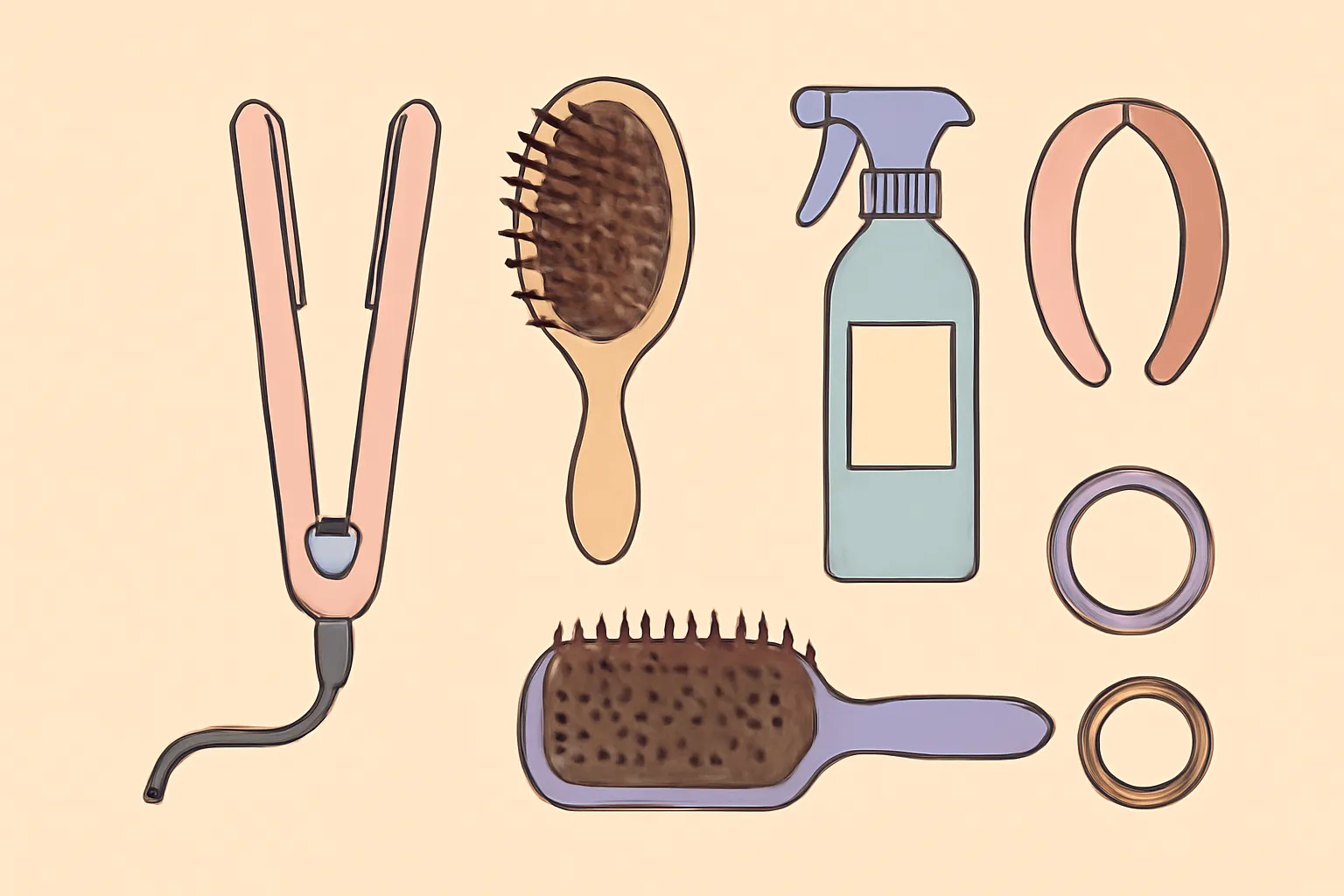아침 셀프 헤어 관리 헤어 아이템 일러스트 2d 스타일