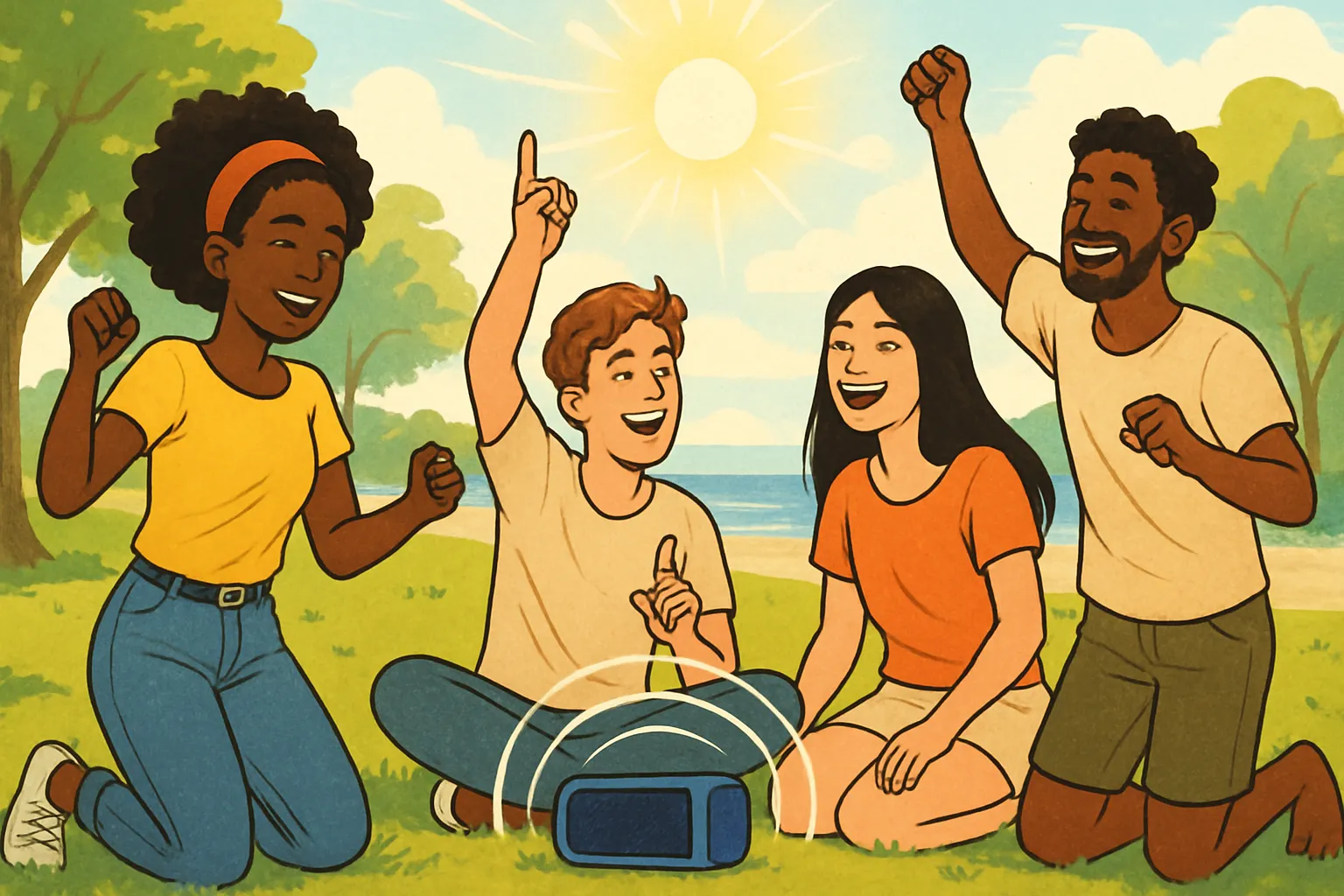 야외음악감상 블루투스스피커 친구모임 소리파동 밝은분위기 일러스트