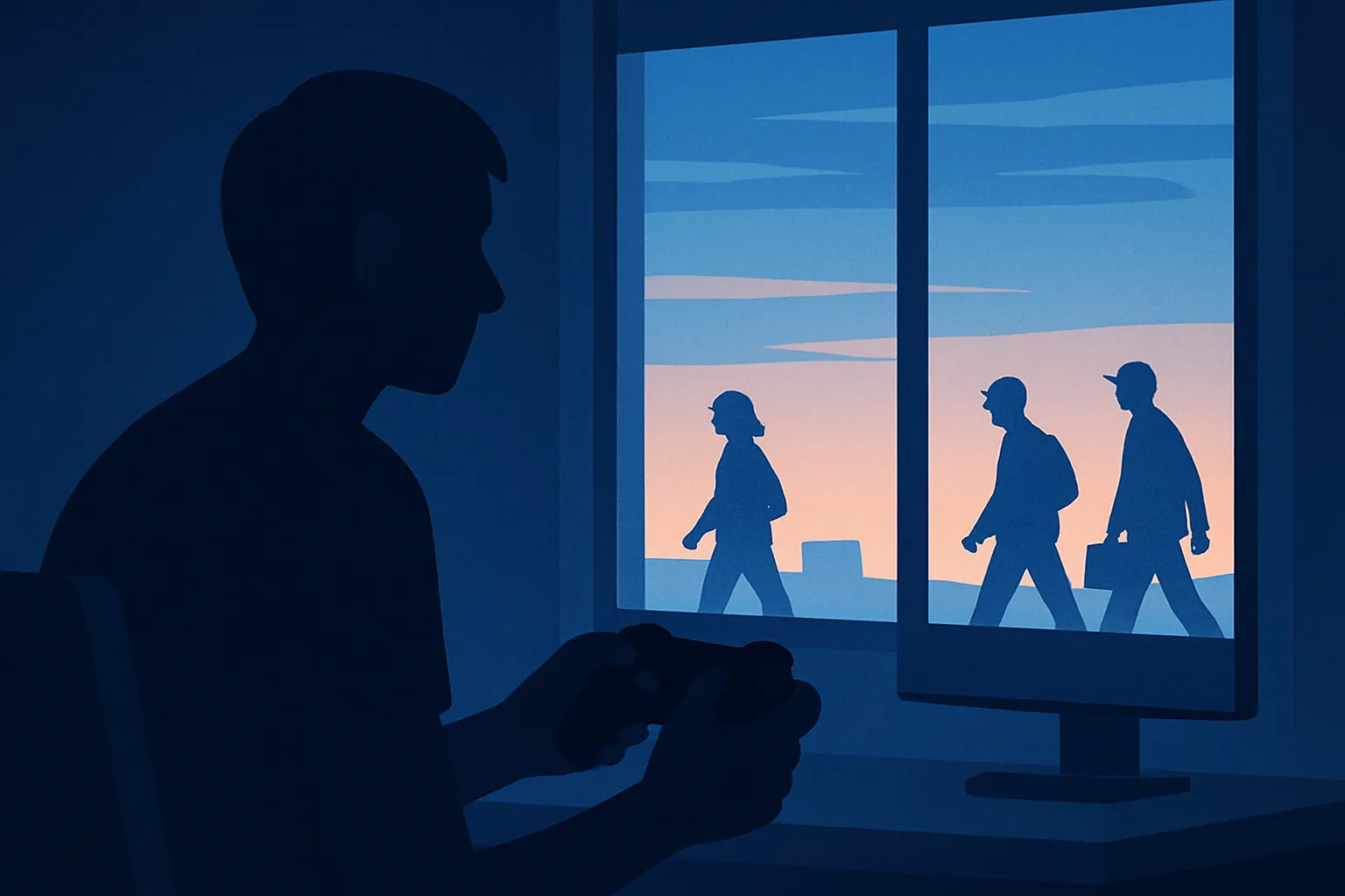 어두운방 게임컨트롤러 실루엣 현실도피 30대 2d일러스트