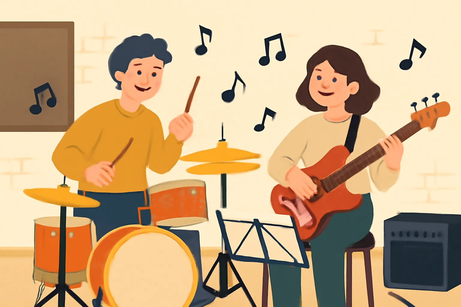 연습실 드럼 베이스기타 음악취미 밝은 운동효과 일러스트