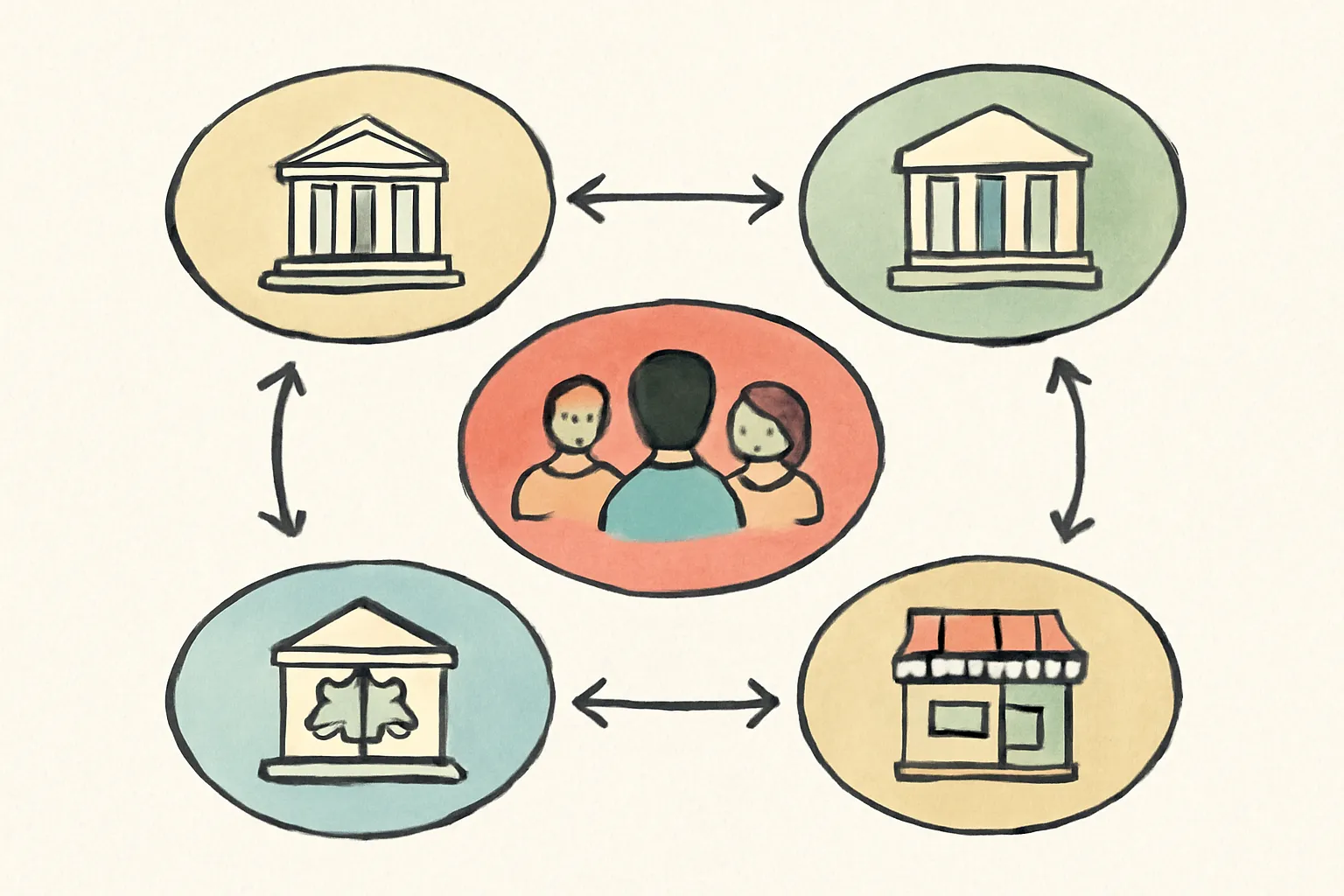 일러스트스타일 정치체제 다이어그램 국민 행정부 입법부 사법부 시장 견제와균형