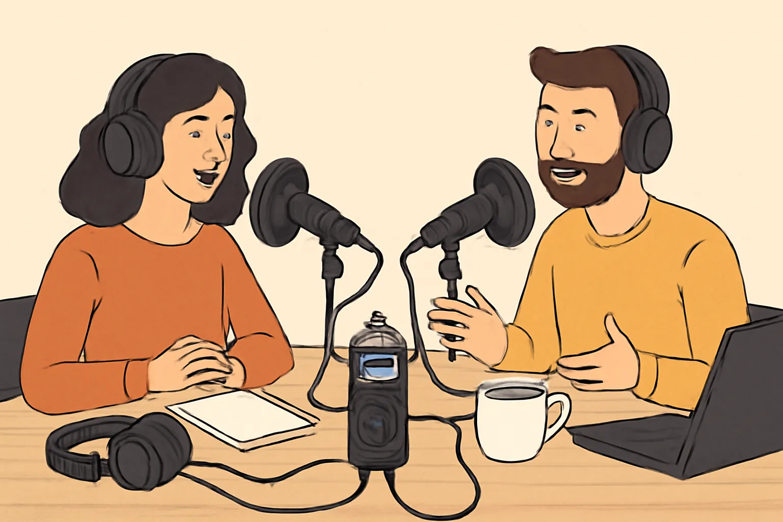 줌 h5 팟캐스트녹음일러스트 마이크 헤드폰 노트북 커피잔