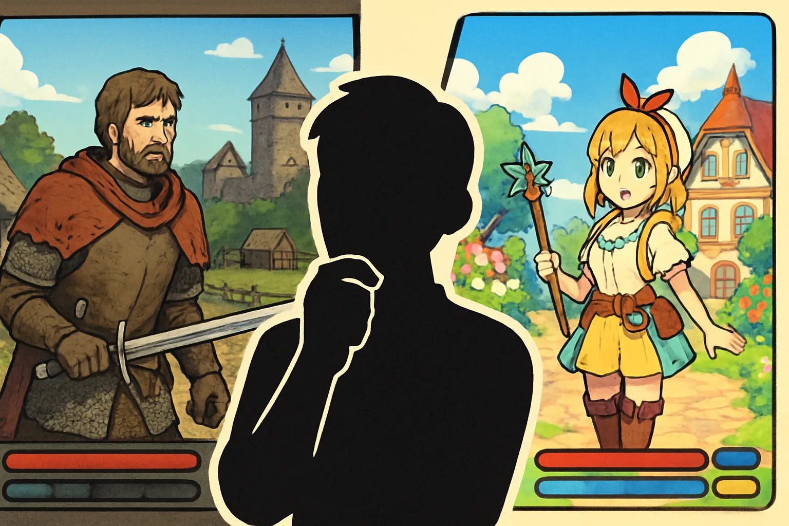 중세 리얼리스틱 rpg jrpg 대비 플레이어 실루엣 2d 일러스트