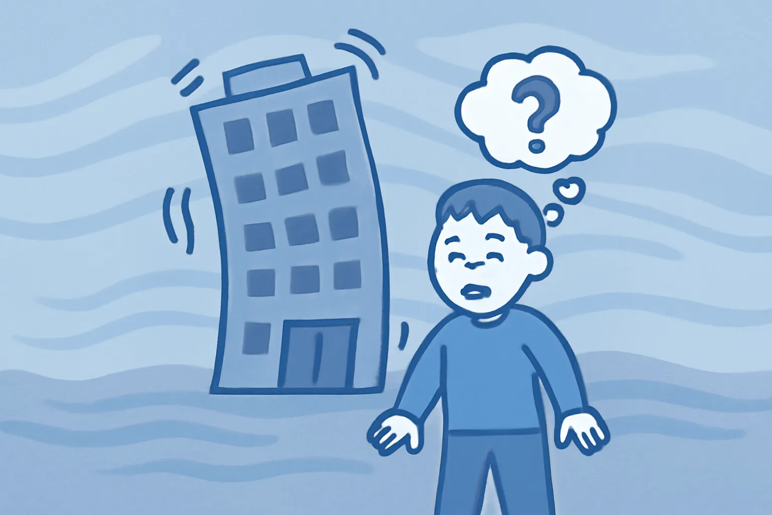 지진 대비 흔들리는 건물 당황한 캐릭터 일러스트