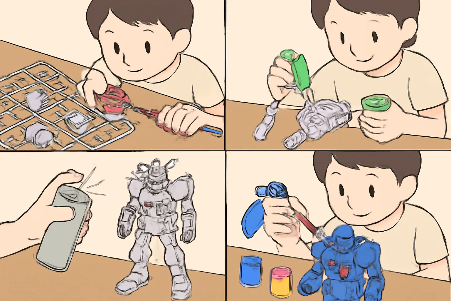 초보자 프라모델 페인팅 과정 부품분리 접착 밑칠 디테일도색 패널일러스트