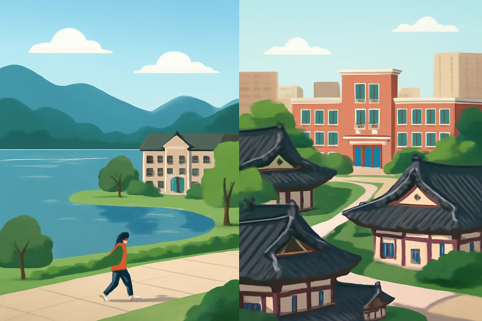 춘천 강원대 자연경관 전주 전북대 한옥마을 비교일러스트