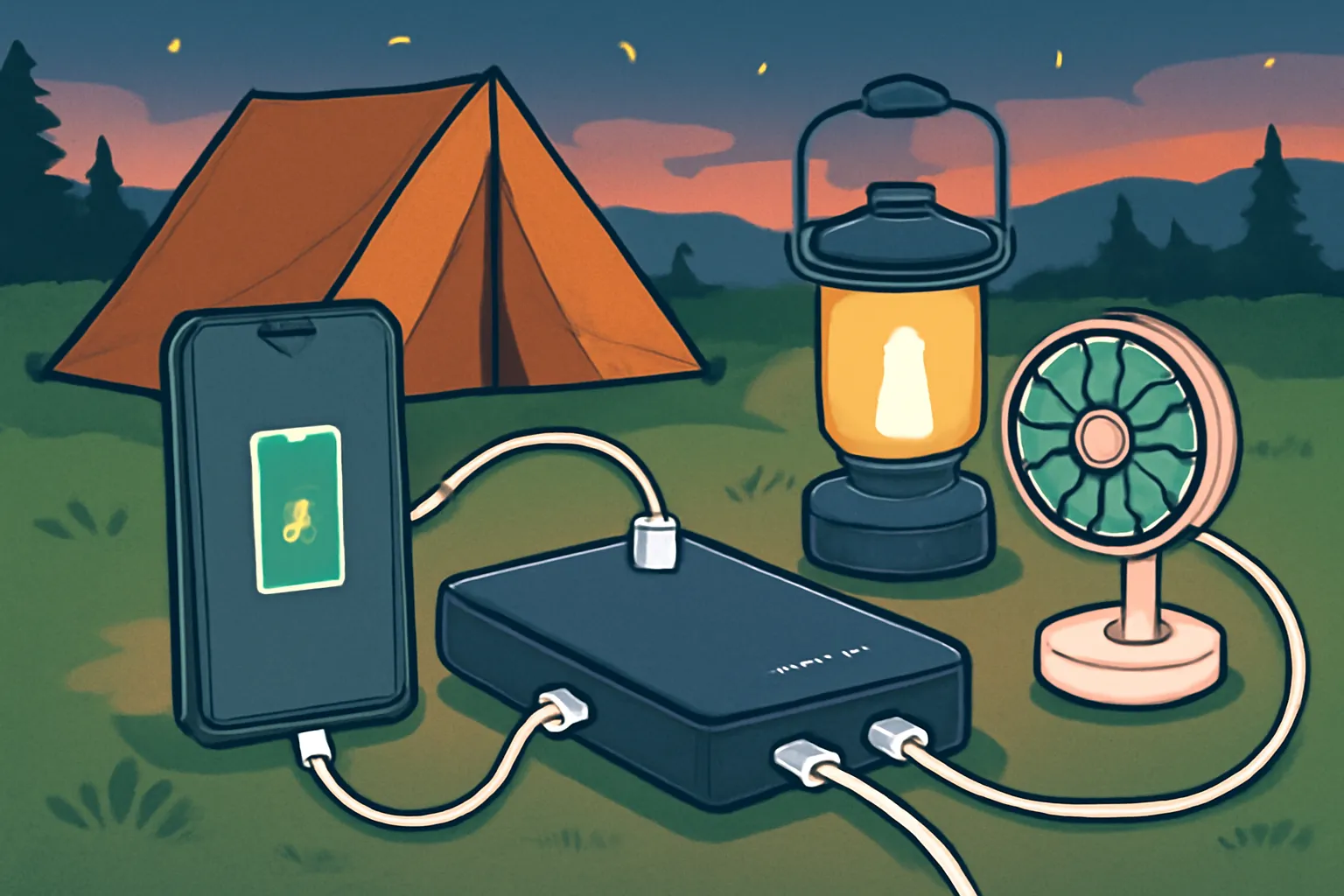 캠핑 전자기기 usb 보조배터리 충전 일러스트