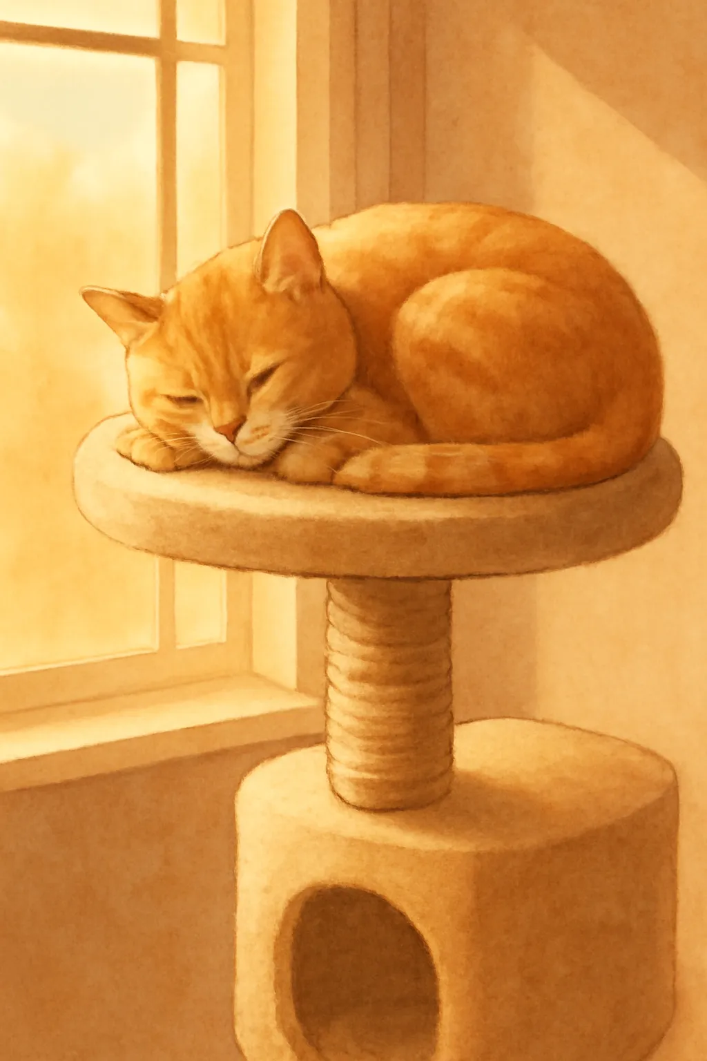 캣타워 고양이 창문 햇살 일러스트 자는 2d