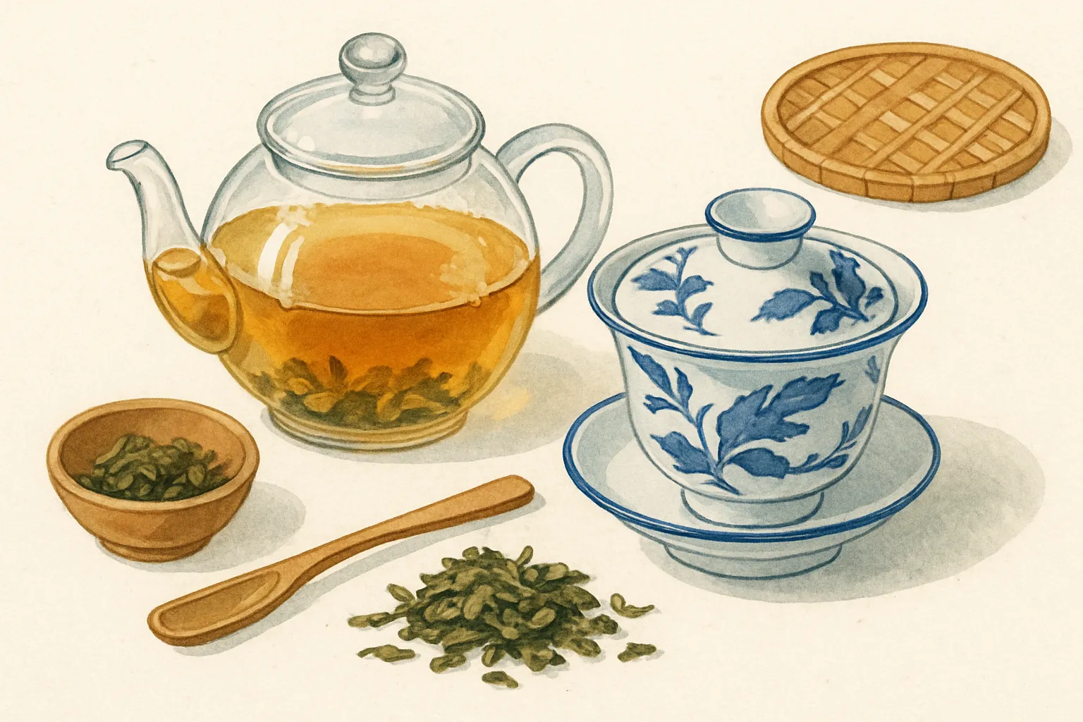 투명유리티포트 청화백자개완 차테이블세팅 일러스트