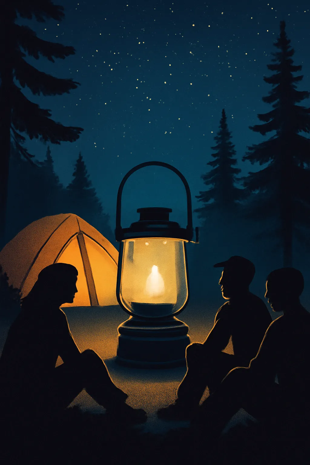휴대용 캠핑랜턴 밤캠핑 텐트실루엣 별밤 소나무 일러스트